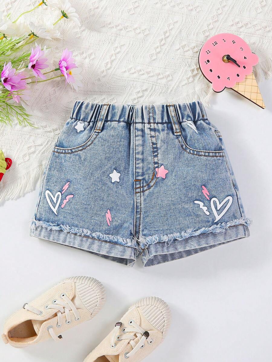 Young Girl Casual Cute Star Print Loose Comfortable Jogger Denim Shorts