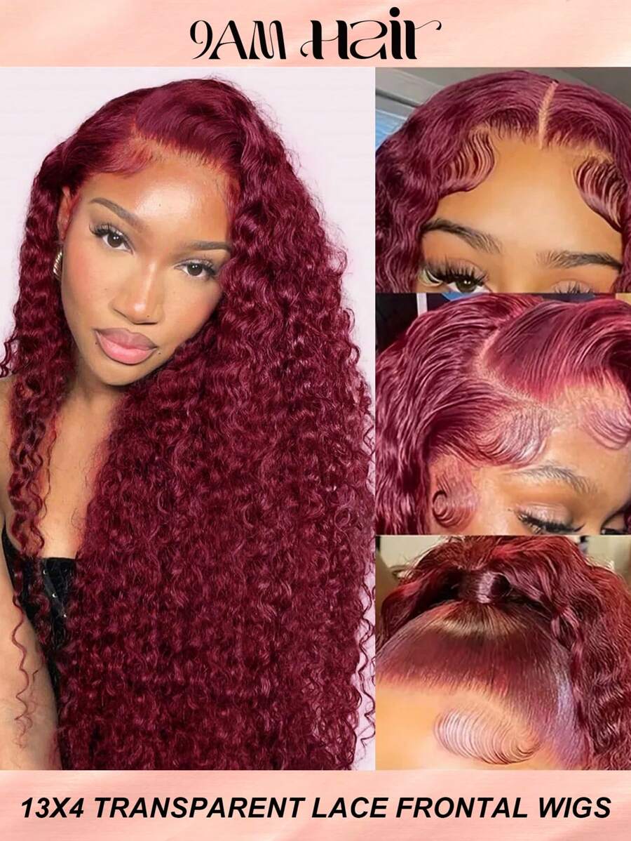 Perruque de cheveux humains à lacets frontaux bouclés frisés Bordeaux 99J 13x4, perruque à lacets frontaux transparents de couleur vin rouge 99j bouclée 13x4 pour femmes