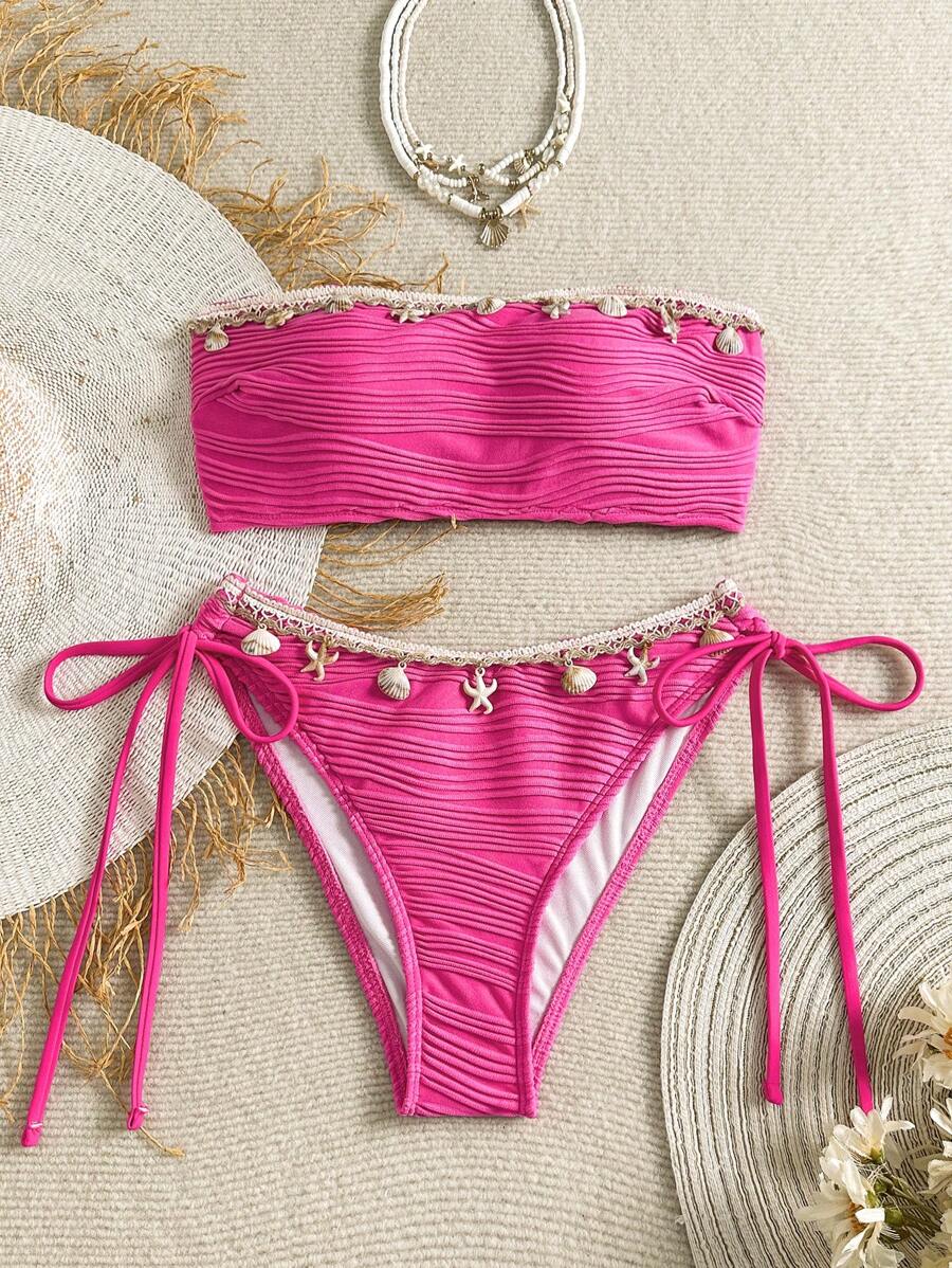 Swim Mod 2 pezzi Bikini con laccetti halter e decorazione in nastro di colore tinta unita con texture a conchiglia