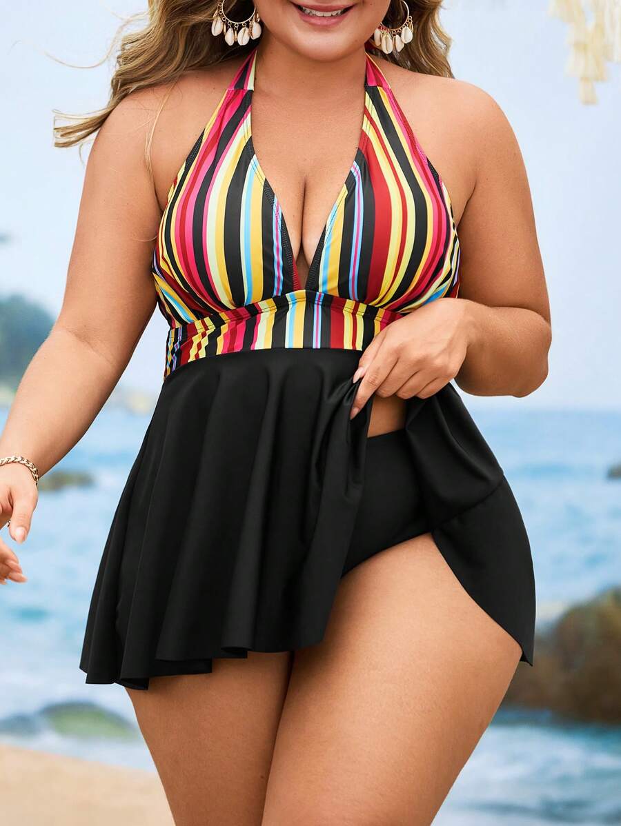 Swim Lushoire Set di tankini di taglia grande da donna con 2 pezzi, con stampa a righe casuali, semplice blocco di colore, adatto per uso quotidiano e vacanze, con top a collo alto e gonna triangolare in vita alta