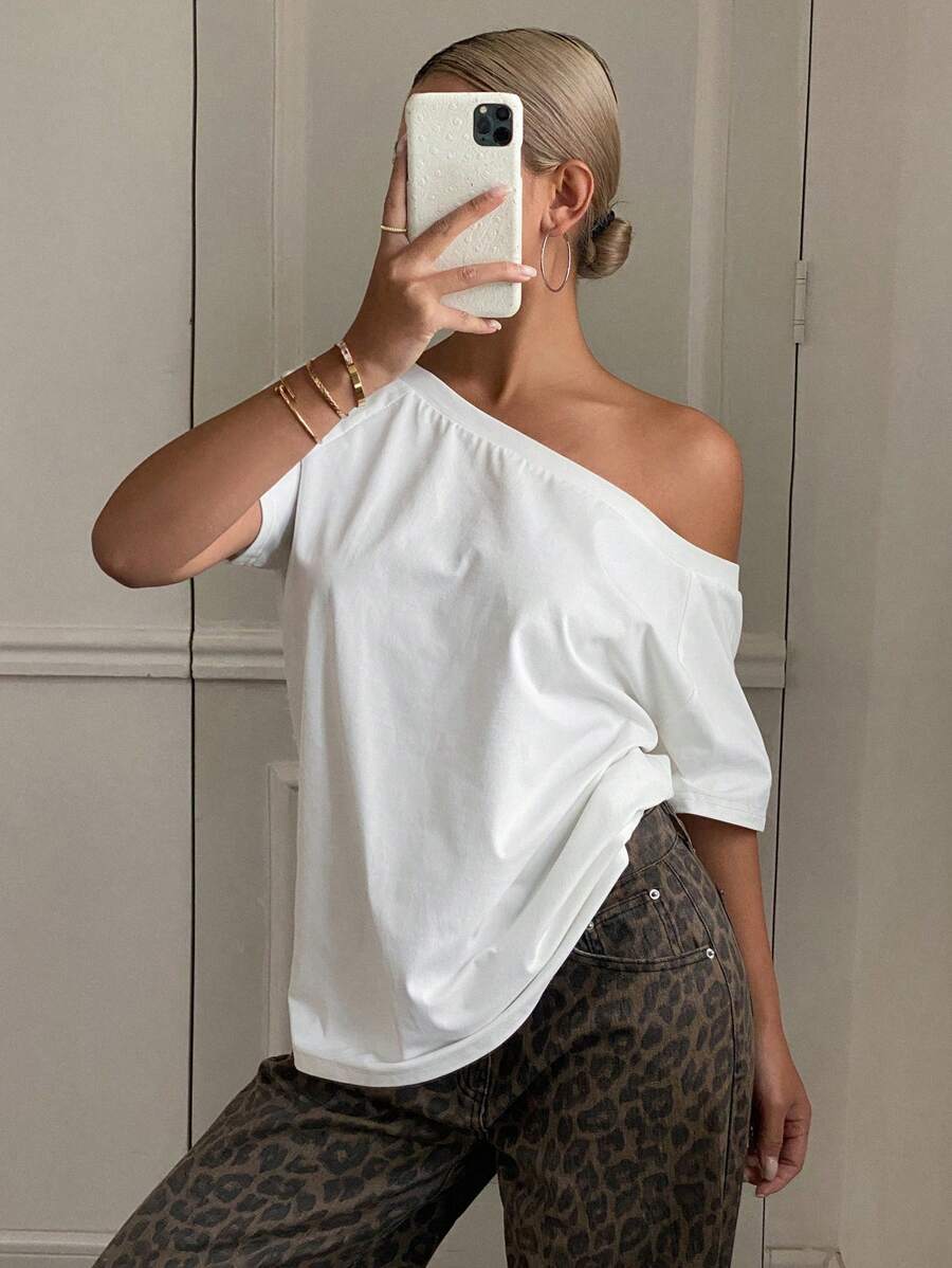 Livesso Blusa de hombros descubiertos con diseño sin tirantes, camiseta de manga corta para mujer