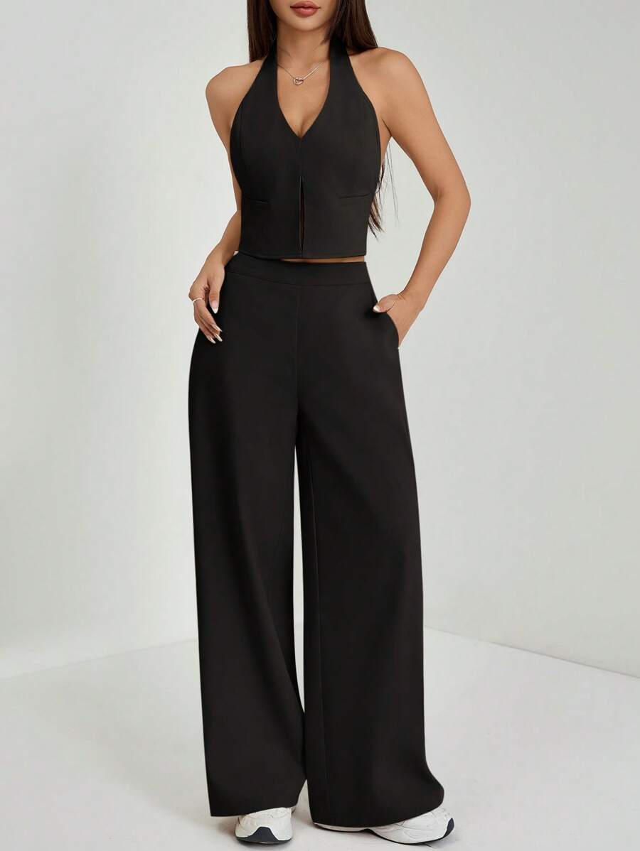 SHEIN PETITE Spring/Summer Office Lady V-Neck Sleeveless Top With Open Back & Wide Leg Pants, Slimming And Lengthening Outfit For Streetwear