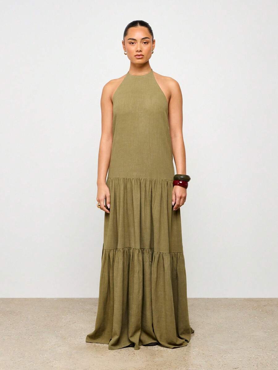AiiRZ Elegante abito lungo da maxi con scollo ad aletta, a balze, estivo bohémien, ampio, lungo fino ai piedi, senza maniche, effetto lino, per serate, vacanze, matrimoni, adatto per tutte le stagioni