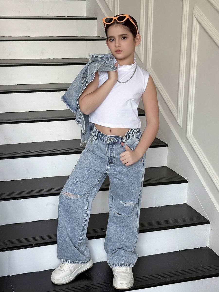 TWEEN GIRLS Y2K Fashion Fuzzy Hem Crop Jacket & Relaxed Fit Jeans Set, Street Style Casual Outfit voor Tween Girls