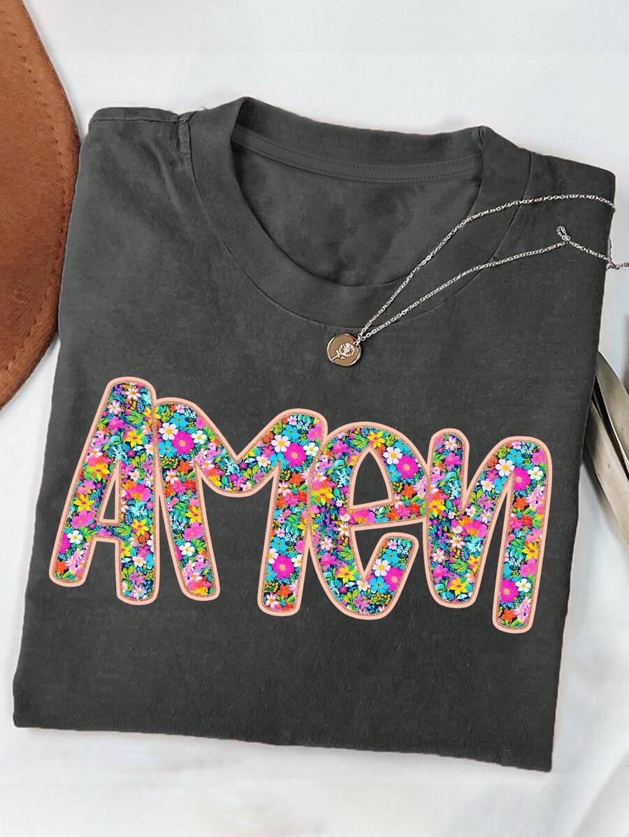 INAWLY Maglietta estiva ampia da donna casual con stampa floreale a piccoli motivi e stampa di lettere, scollo tondo, taglie forti