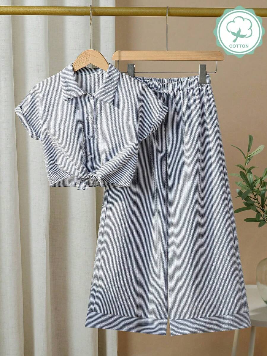 SHEIN 2pcs/Set Casual Teen Girls Striped Lapel Short Sleeve Crop Top And Wide Leg 3/4 Pants Set, Office/Everyday Wear
