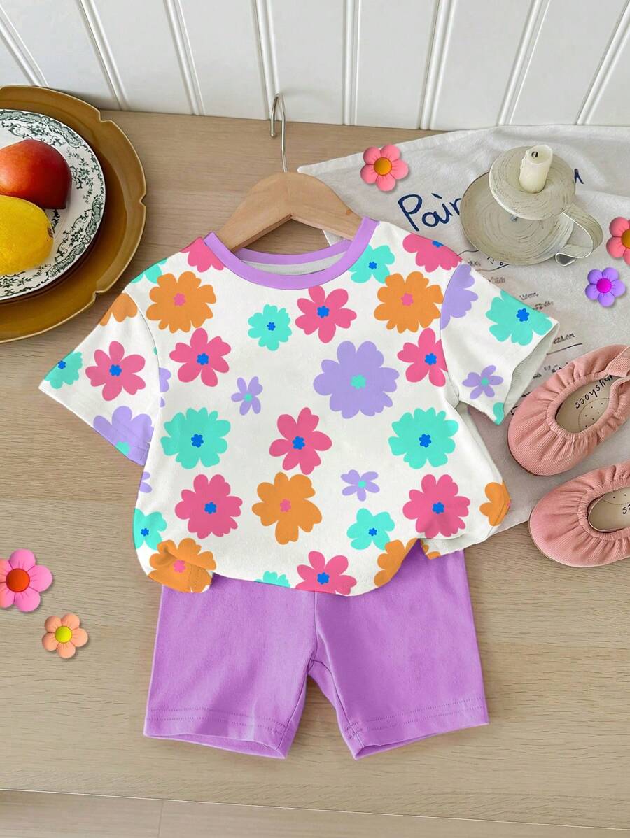 SHEIN Conjunto de top de manga corta con cuello redondo y estampado floral lindo y sencillo, y leggings, adecuado para niñas bebés en primavera/verano
