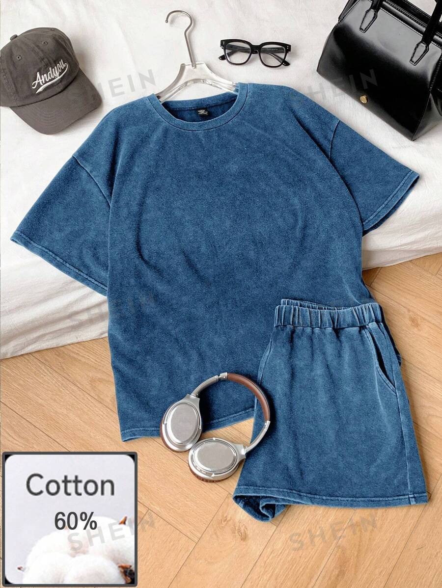 Comfortcana Conjunto de 2 piezas talla grande: Camiseta de manga corta cuello redondo negra y pantalones cortos, ropa de primavera y verano