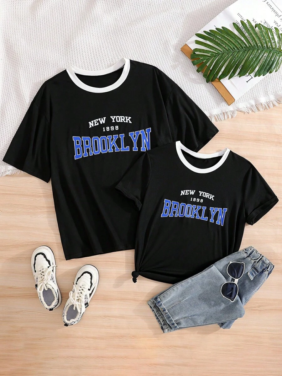 Women's Black Slim Fit T-Shirt With Brooklyn Letter Print, Fashionable Casual Minimalist Style, Suitable For Spring, Summer And Autumn, Pairs Well With Jeans For Casual Look