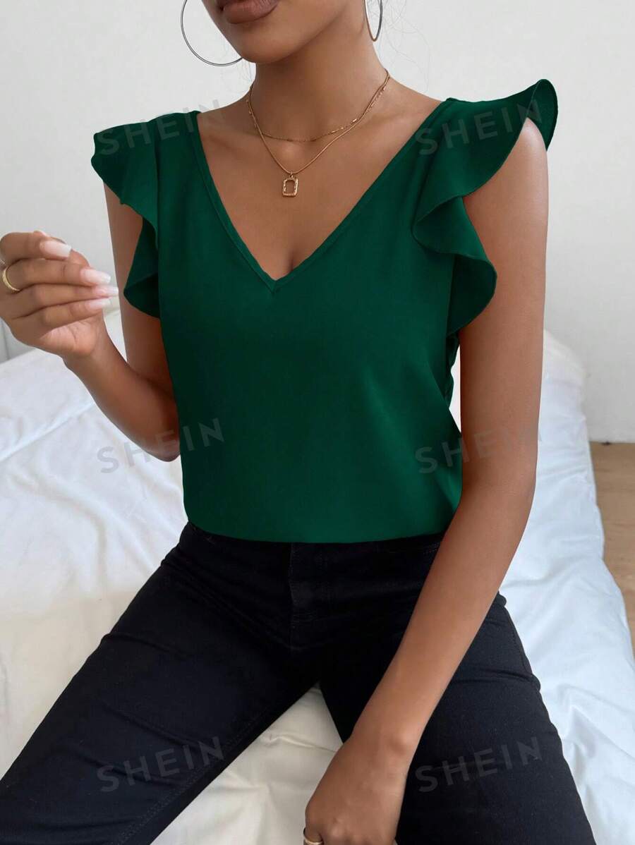 SHEIN Privé Blusa de mujer de unicolor con escote en V y mangas cortas de moda