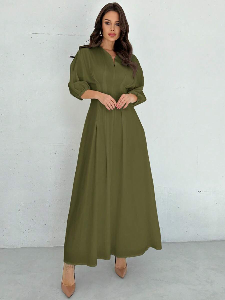 Firerie Elegant Office / Casual Dress With V-Neck, Lantern Sleeves, Pleated Waist Detail, A-Line Silhouette, White, For Women, Suitable For Work, Travel, Romantic Occasions, Autumn,Summer Dresses For Women