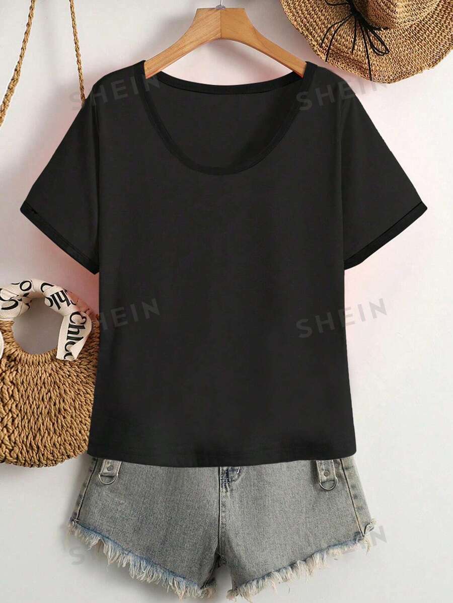 INAWLY Camiseta de manga corta con cuello redondo de unicolor, talla grande, vacaciones de verano