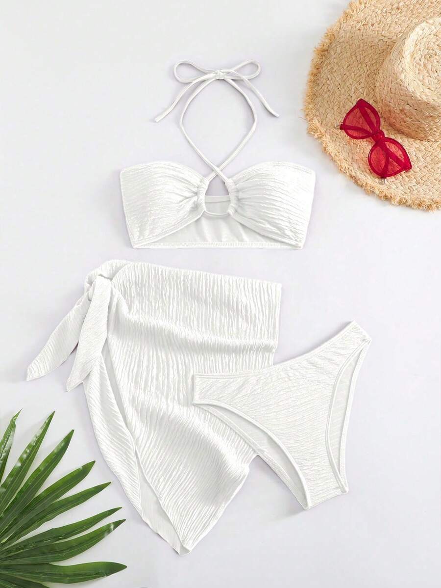 SHEIN Swim Costume da bagno da donna due pezzi con canotta e slip, di colore unito, sexy, con gonna coprente, adatto per l'estate e la spiaggia