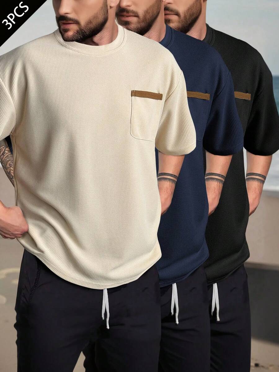 Manfinity Homme Conjunto de 3 camisetas casuales de manga corta con bolsillo y bloqueo de color para hombre, camisetas casuales de verano para hombres
