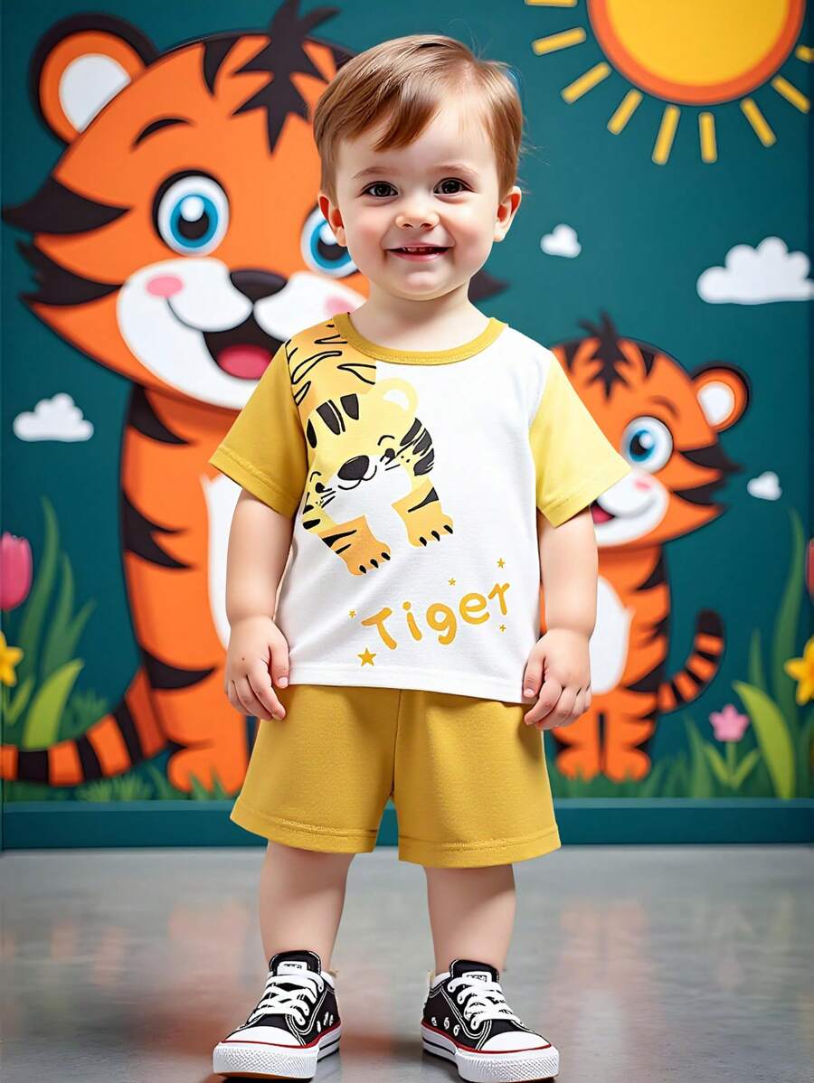 Conjunto de 2 piezas para niño pequeño de verano: Camiseta de punto con estampado de tigre lindo + Conjunto de pantalones cortos, adecuado para uso diario y actividades al aire libre