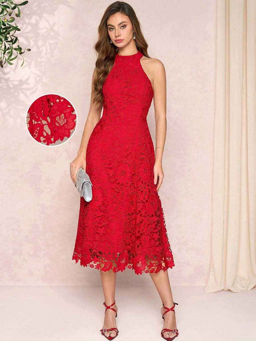 Amorya Women's Red Lace Valentine's Day Halter Dress Fashion Business Casual Woman Going Out Dresss Women Summer Outfits For Women,Summer Outfits For Women,Sundress,Spring Break,Lace Floral Dress Wedding Guest Dress Women