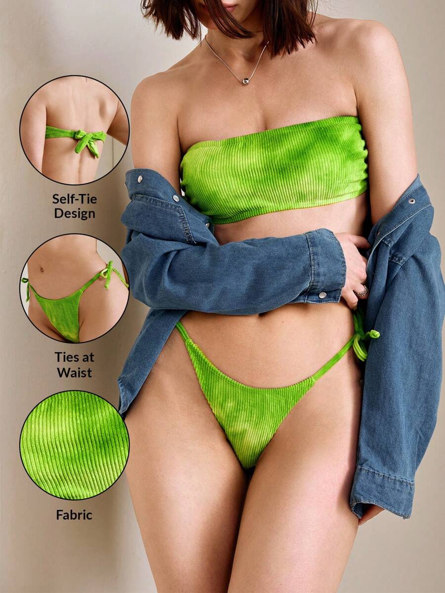 Swim Basics Dames Groene Neon Tie Dye Getextureerde Stof Muziek Festival Vakantie Badmode Set, Strapless Strik Ontwerp, Casual, Eenvoudig, Geschikt Voor Strand, Feest, Lente/Zomer