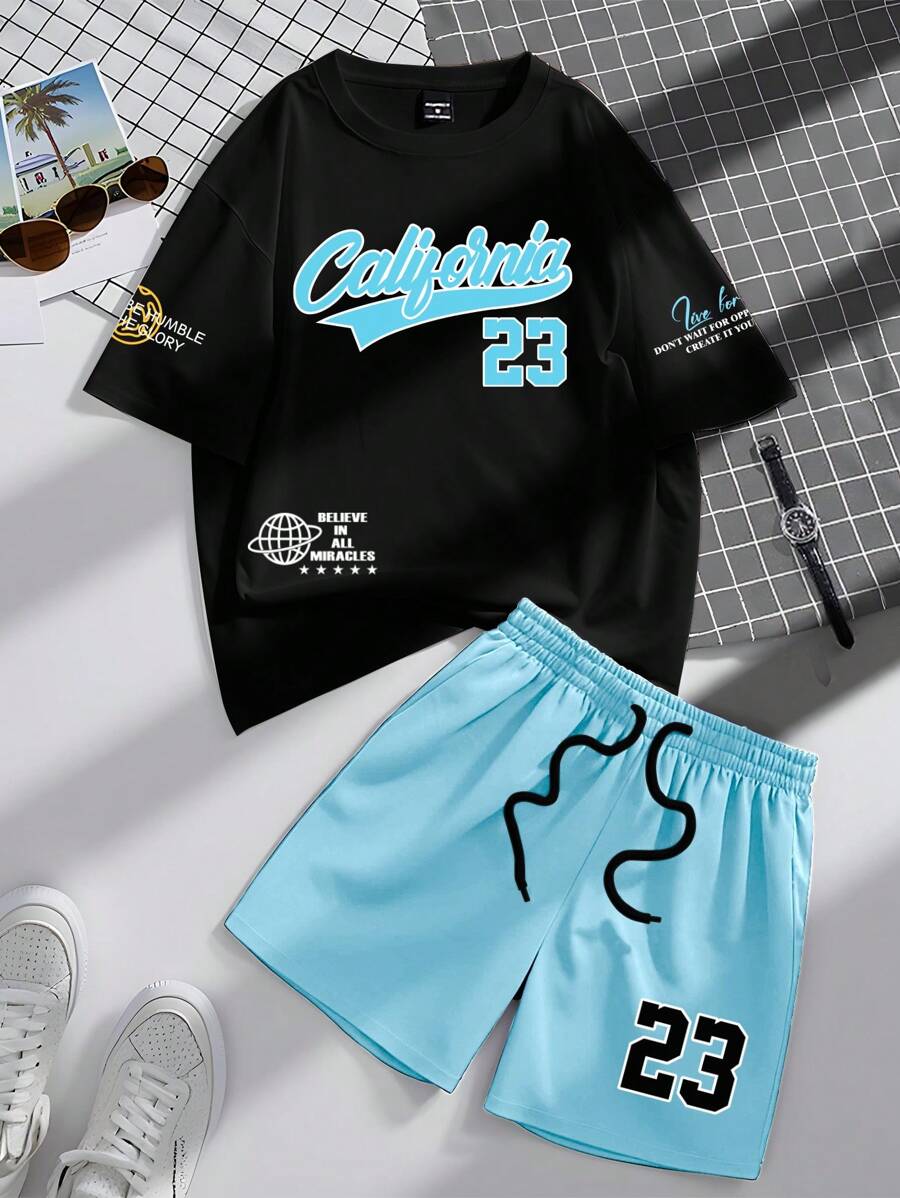 Manfinity Hypemode Conjunto de camiseta de manga corta y pantalones cortos de verano casual con estampado de lema para hombre