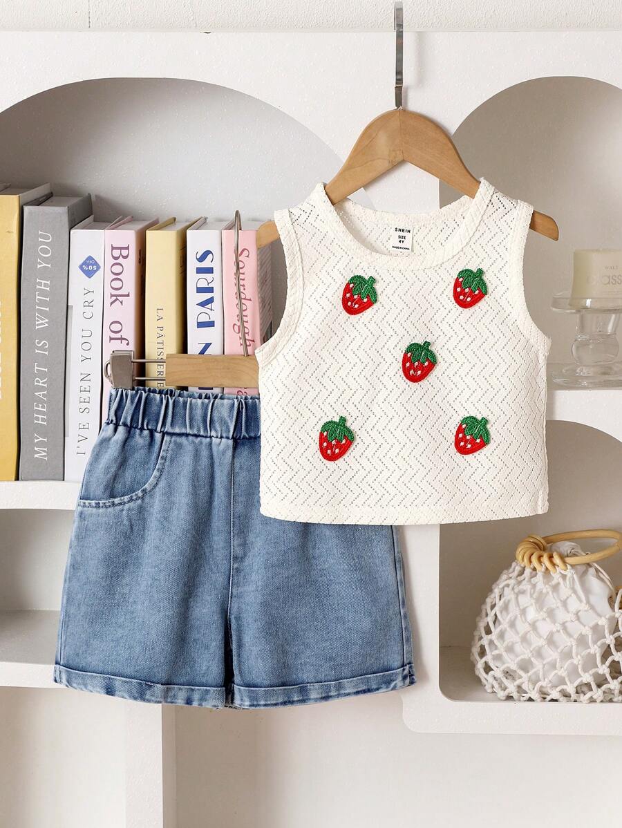 Set de 2 piezas para niñas (talla pequeña) - Chaleco sin mangas blanco de punto transpirable de verano y pantalones cortos vaqueros azules con estampado de fresa, conjunto casual y lindo para adolescentes