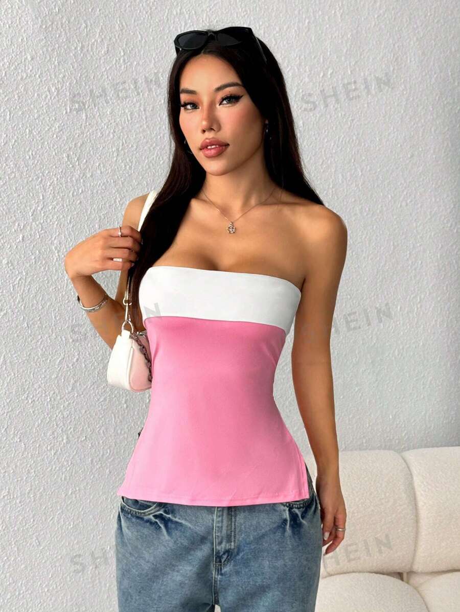 SHEIN EZwear Parte superior tubo de color block de verano negro Y2K para mujer