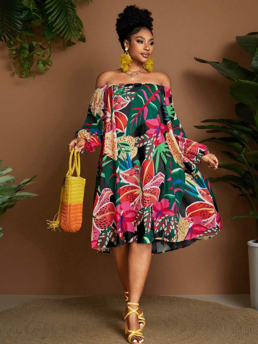 Maweii Abito con stampa tropicale, scollo a spalla, maniche a lanterna, stile casual da vacanza, taglie comode