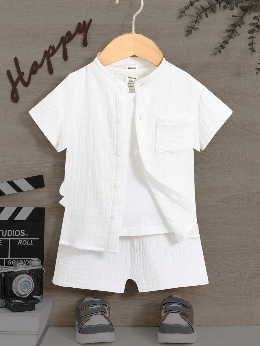 Bebé niño Camisa unicolor con parche de bolsillo & Shorts sin camiseta
