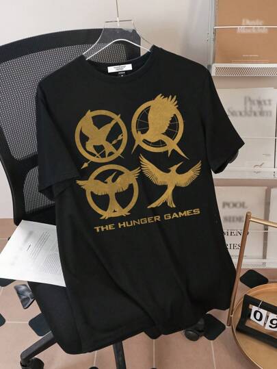 The Hunger Games X SHEIN Men's Letter & Graphic Print Round Neck Short Sleeve T-Shirt, Summer