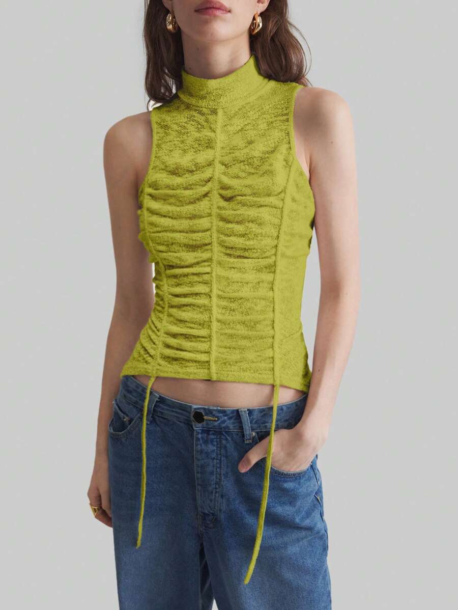 Ontre 2025 New Avocado Green Mock Neck Sleeveless Ruched Design Women's Daily Wear Solid Color Spring/Summer Fitted Vest