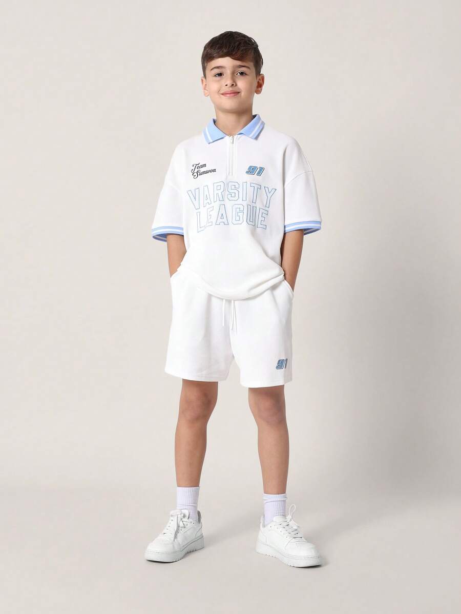 SUMWON Team Summer Varsity League Athletic Sports Set Two-Piece Zip Neck Polo Shorts Casual Training Outfit Spring Summer Collection Youth