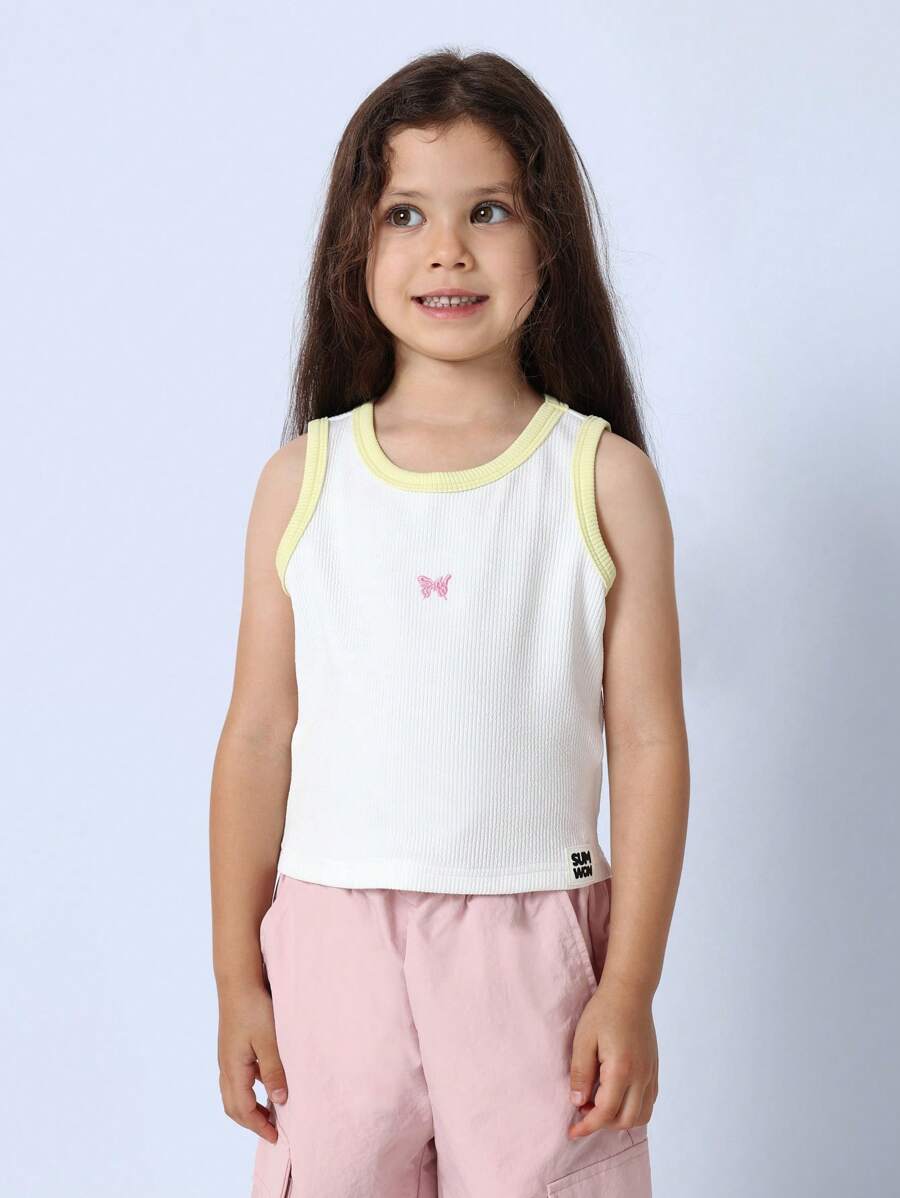 SUMWON Top sin mangas acanalado con detalle de mariposa para niñas, top básico casual y deportivo de verano, top de moda con ribete amarillo para uso diario