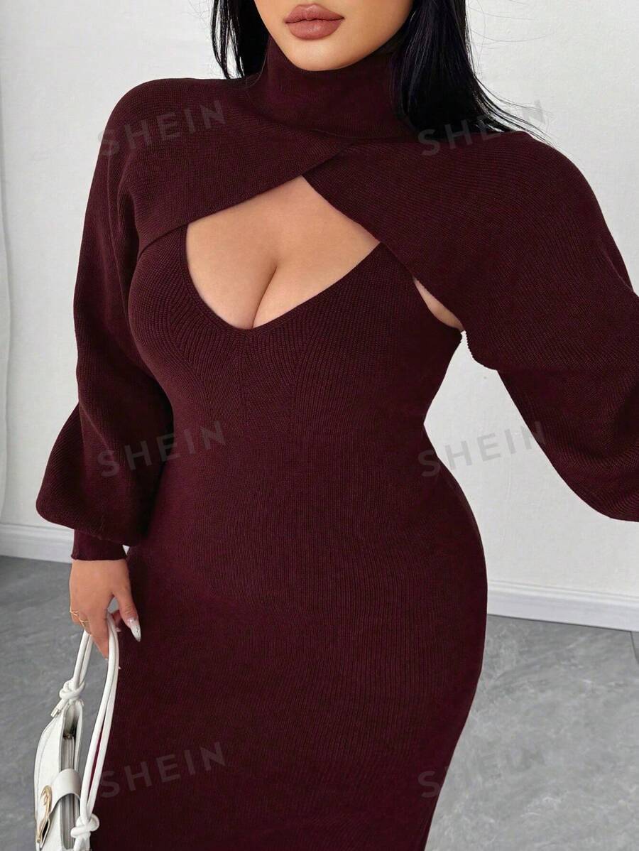Celure Conjunto de 2 piezas de punto para mujer de talla grande - Vestido de suéter sin mangas de cuello en V + Jersey de cuello alto de manga corta abombada