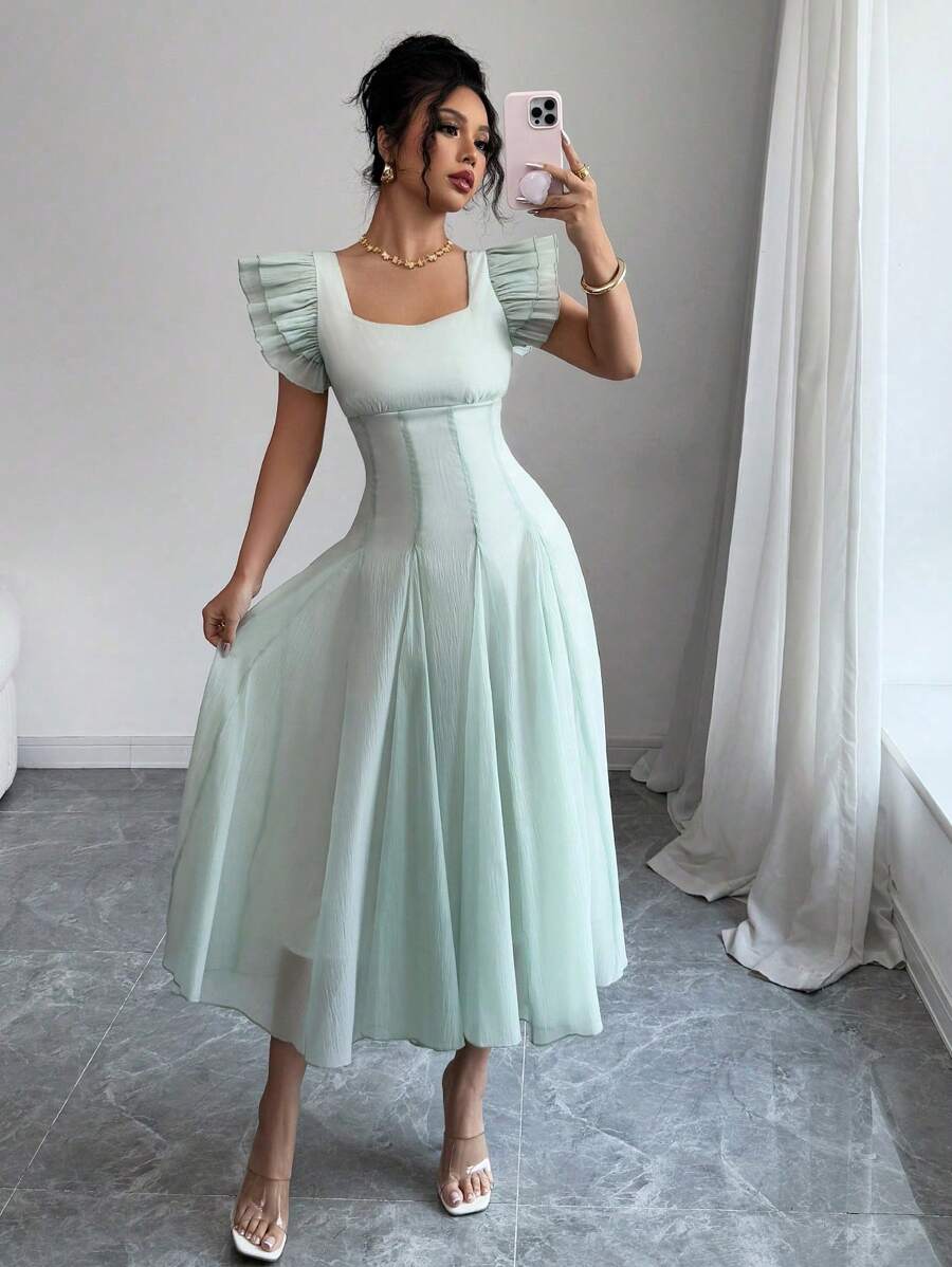 Elenzga Vestido elegante de mujer de manga corta y dos capas con cuello cuadrado, pliegues en la cintura, falda evasé y bajo midi en color verde pálido