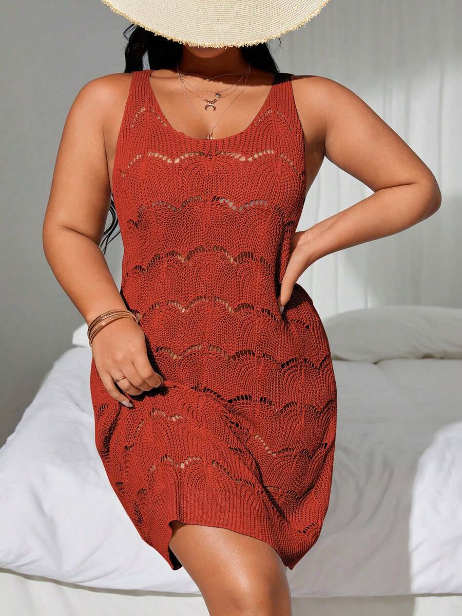 SHEIN Swim Curve Plus Size Women Solid Color Round Neck Hollow Out Sleeveless Dress