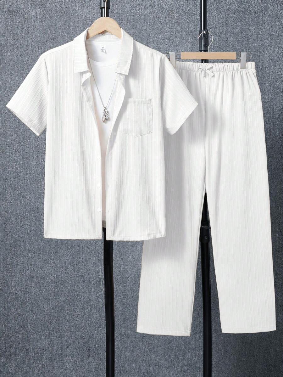 2pcs/Set Casual Urban Teenage(Boys) Short Sleeve Shirt & Long Pants Suit