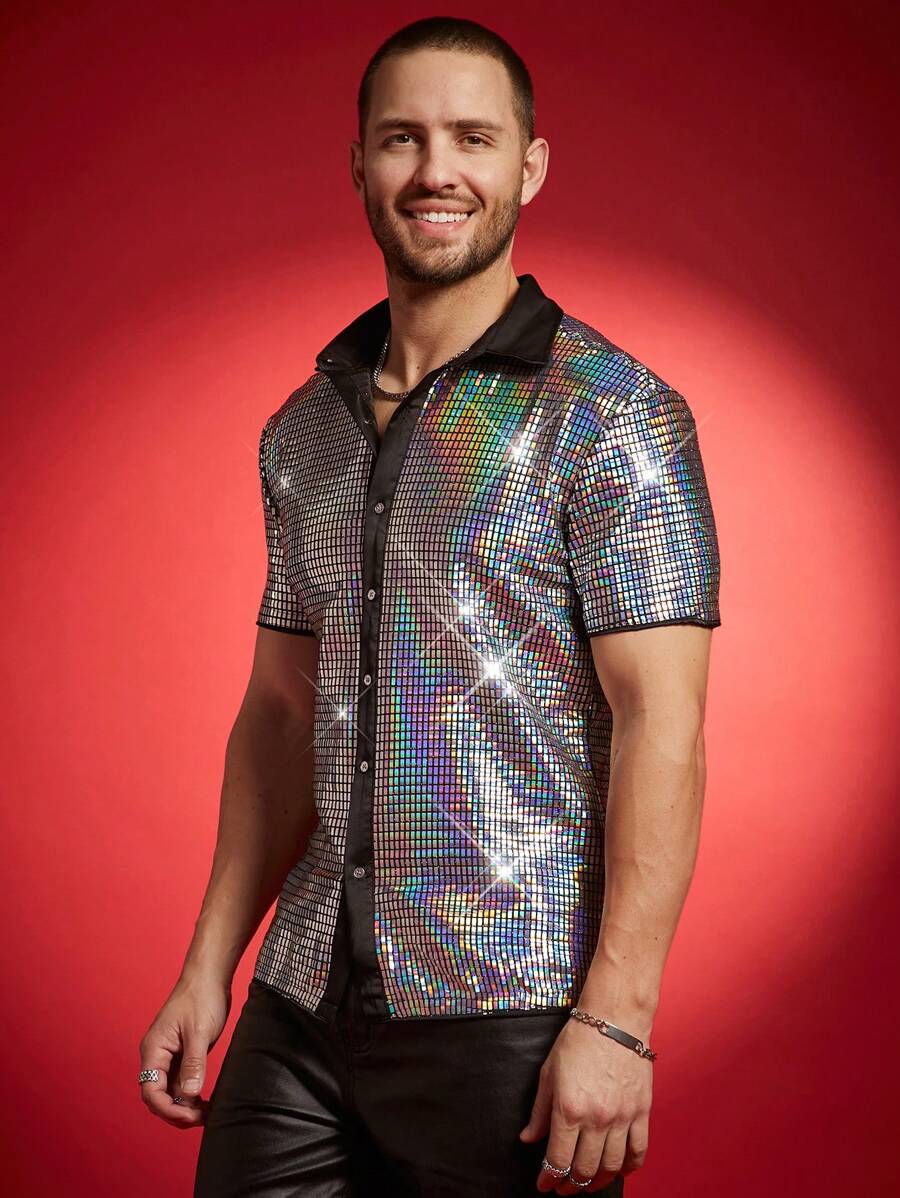 FeverCity Chemise de soirée à la mode pour homme, effet métallisé laser