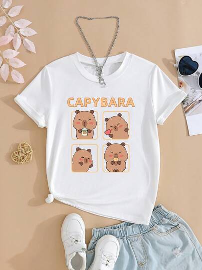 SHEIN Tween Girls Capybara Cute Cartoon Self-Portrait Print Round Neck White Short Sleeve Cute T-Shirt Cute Tshirts Funny Graphic Tees