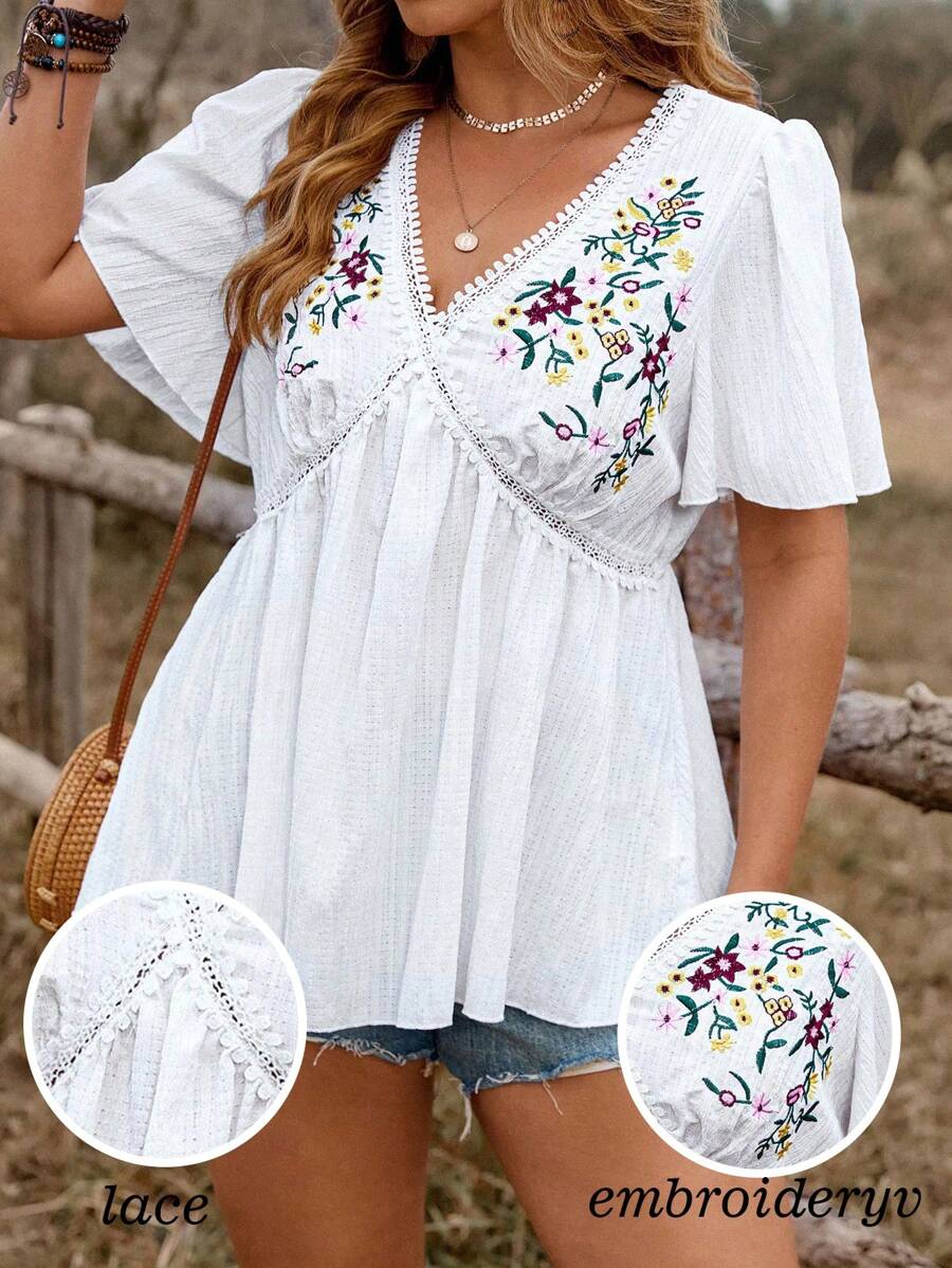 Franclia Plus Size Women European And American Style Fashion Versatile Floral Embroidery Patchwork Short Sleeve Blouse