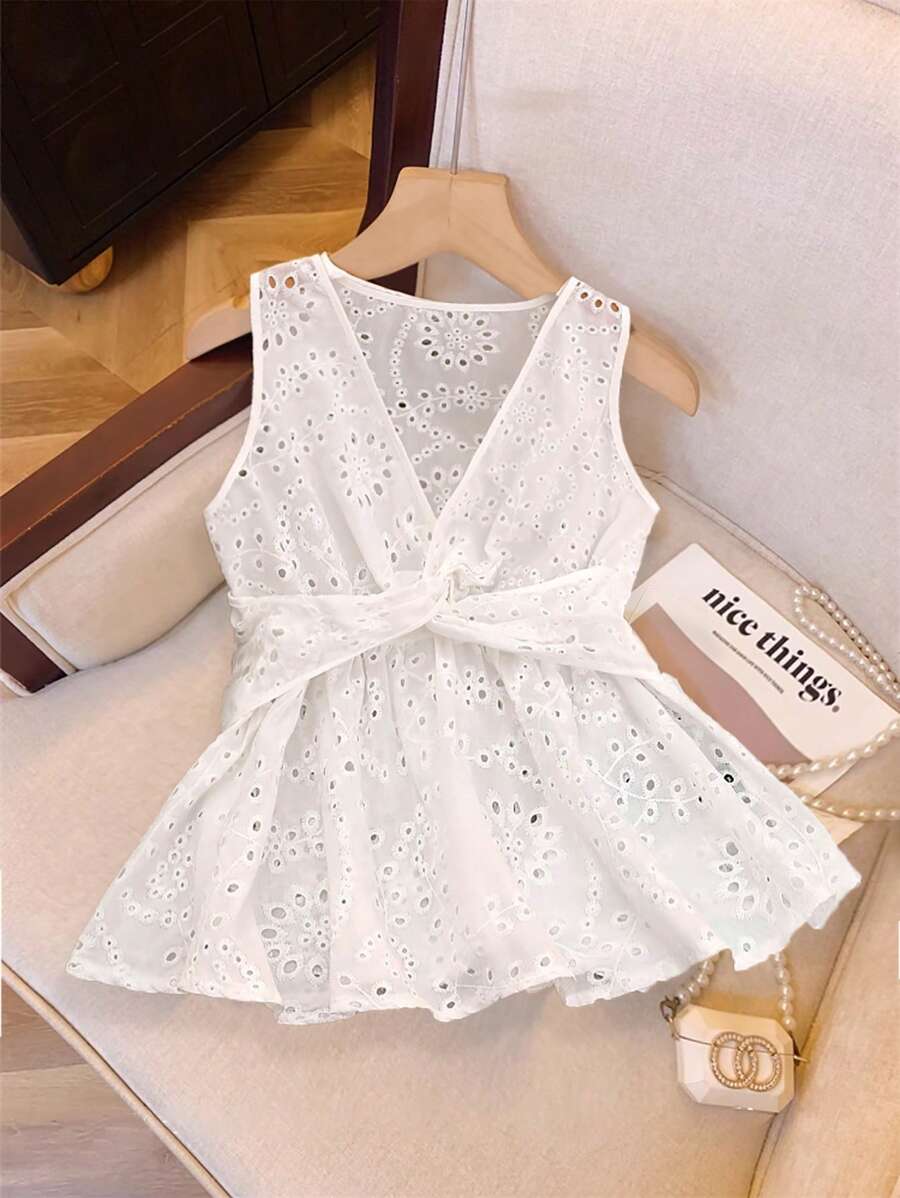 Chiquease Top casual da donna con fascia annodata, tinta unita, con ricamo e lavorazione traforata