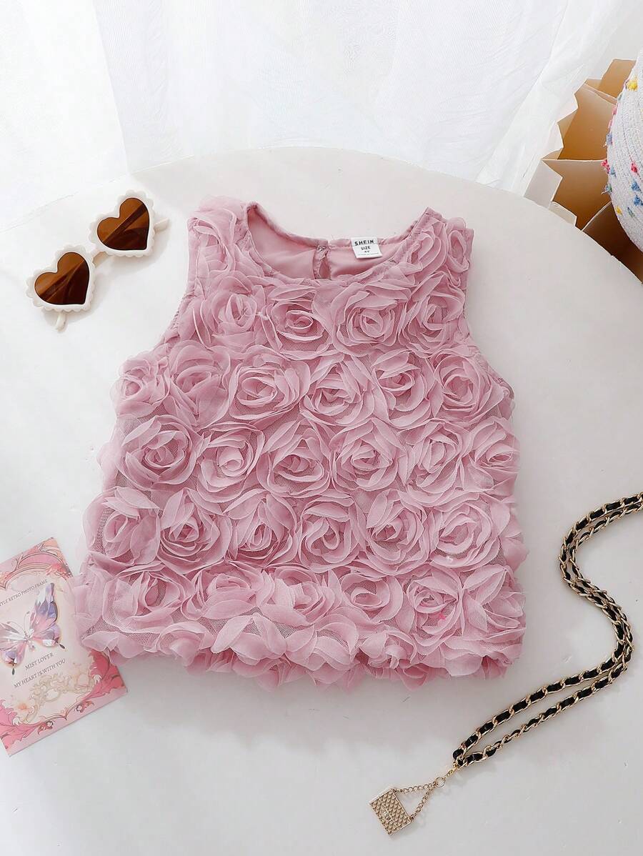 SHEIN Parte superior sin mangas estilo francés para niñas con nueva estampado de rosas en 3D