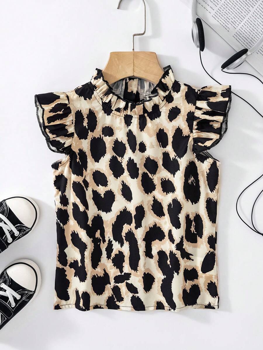 Blusa de manga corta con botones y estampado de lunares y leopardo con volantes para niñas