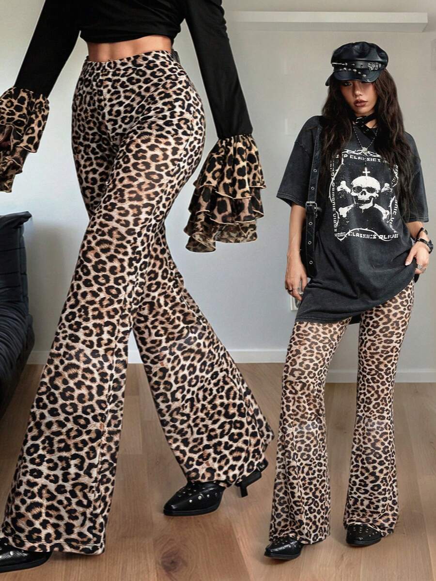 SHEIN EZwear Damskie spodnie z niskim stanem i nadrukiem w panterkę na wiosnę/lato Vegas Music Festival