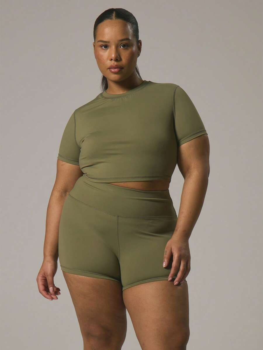 MUSERA Plus Branded Patch Fitted Short Sleeve Slinky Crop Sports Top For Spring Summer Vacation Gym Active Workout Sport Casual