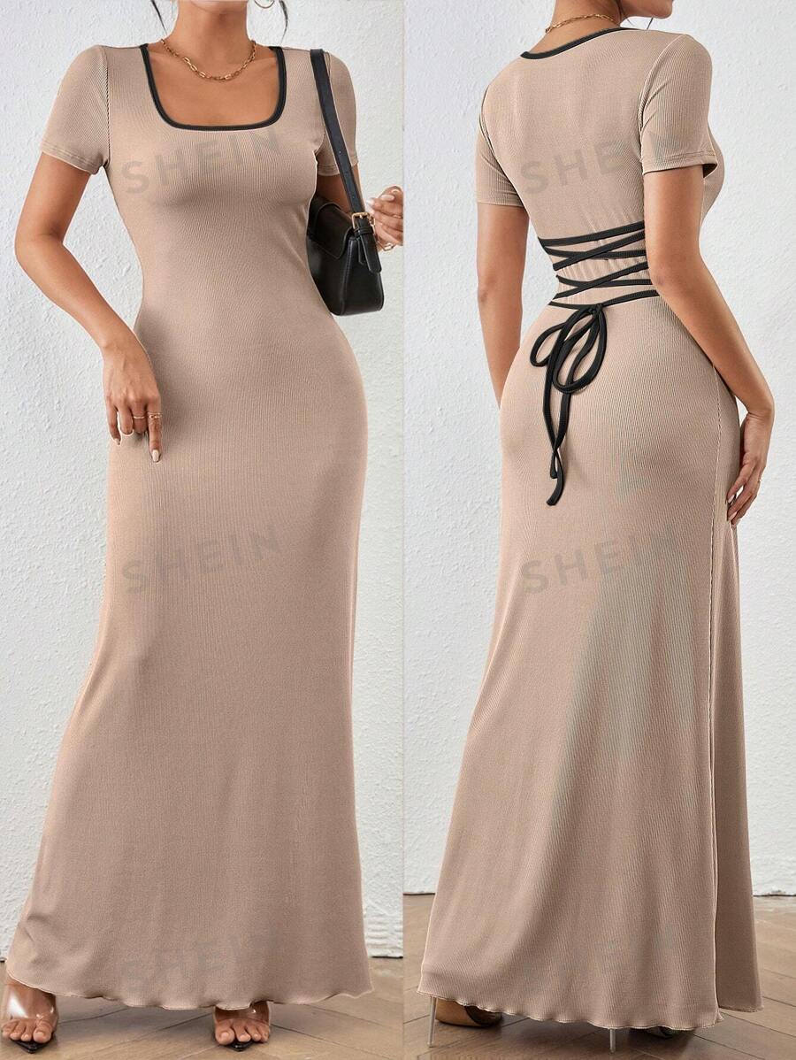 SHEIN Clasi Vestido maxi elegante y ajustable de cintura entallada de cuello cuadrado de color liso para mujer, vestido bohemio/boho/de festival de verano largo para mujer