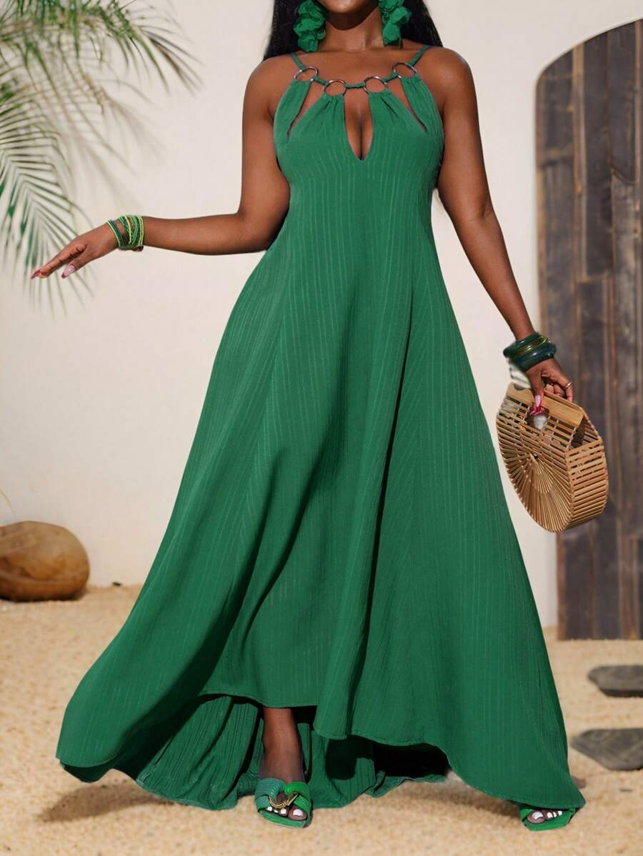 Slaydiva New Spring And Summer Casual Holiday Sling Ring Decoration Hollow Asymmetric Hem Loose And Elegant Long Skirt Green Striped Woven Women's Maxi Dress-B