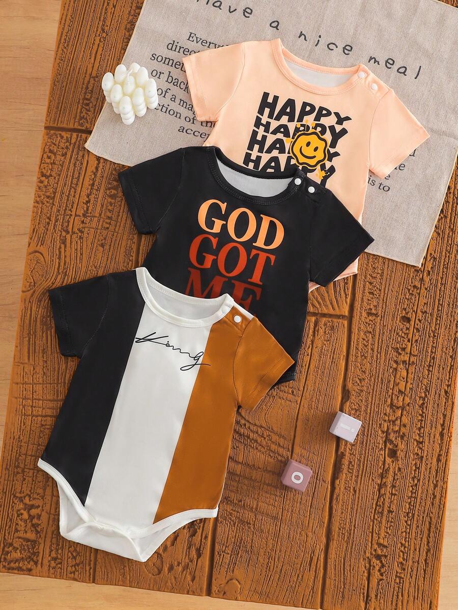 3pcs Baby Boy Summer Outfit Set: Solid Color Knit Fabric Elastic Romper With Round Neck Short Sleeves, Joyful English Letter Contrast Color Signature Print, Minimalist Sunlight Design, Casual And Comfortable For Outdoor, Home, And Sports Wear