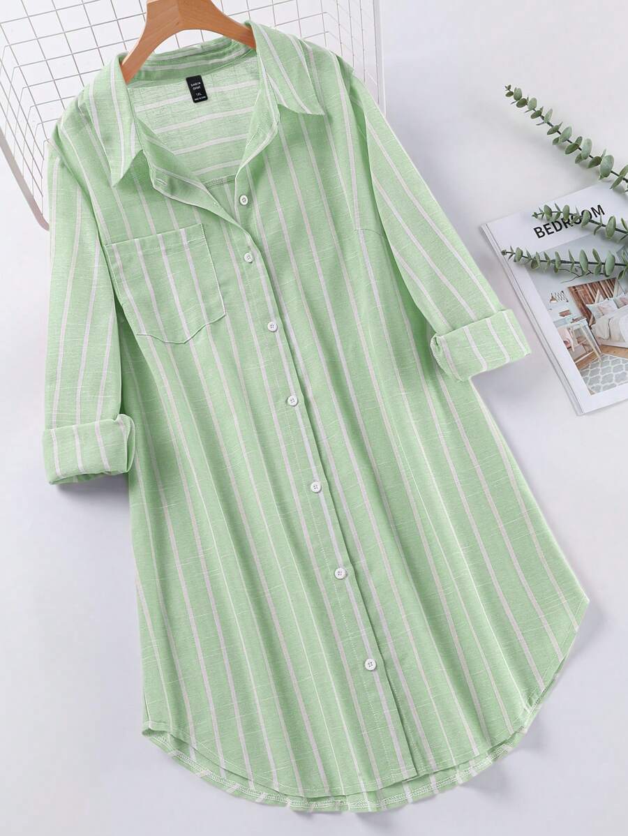 SHEIN LUNE Plus Size Blue And White Striped Knee-Length Fall Dresses With Open Shirt Collar Baby Blue Dress Women Dress With Sleeves Blue Homecoming Dress Comfortable Cotton Business Casual Woman Work Dress Business Dress Simple & Fashionable
