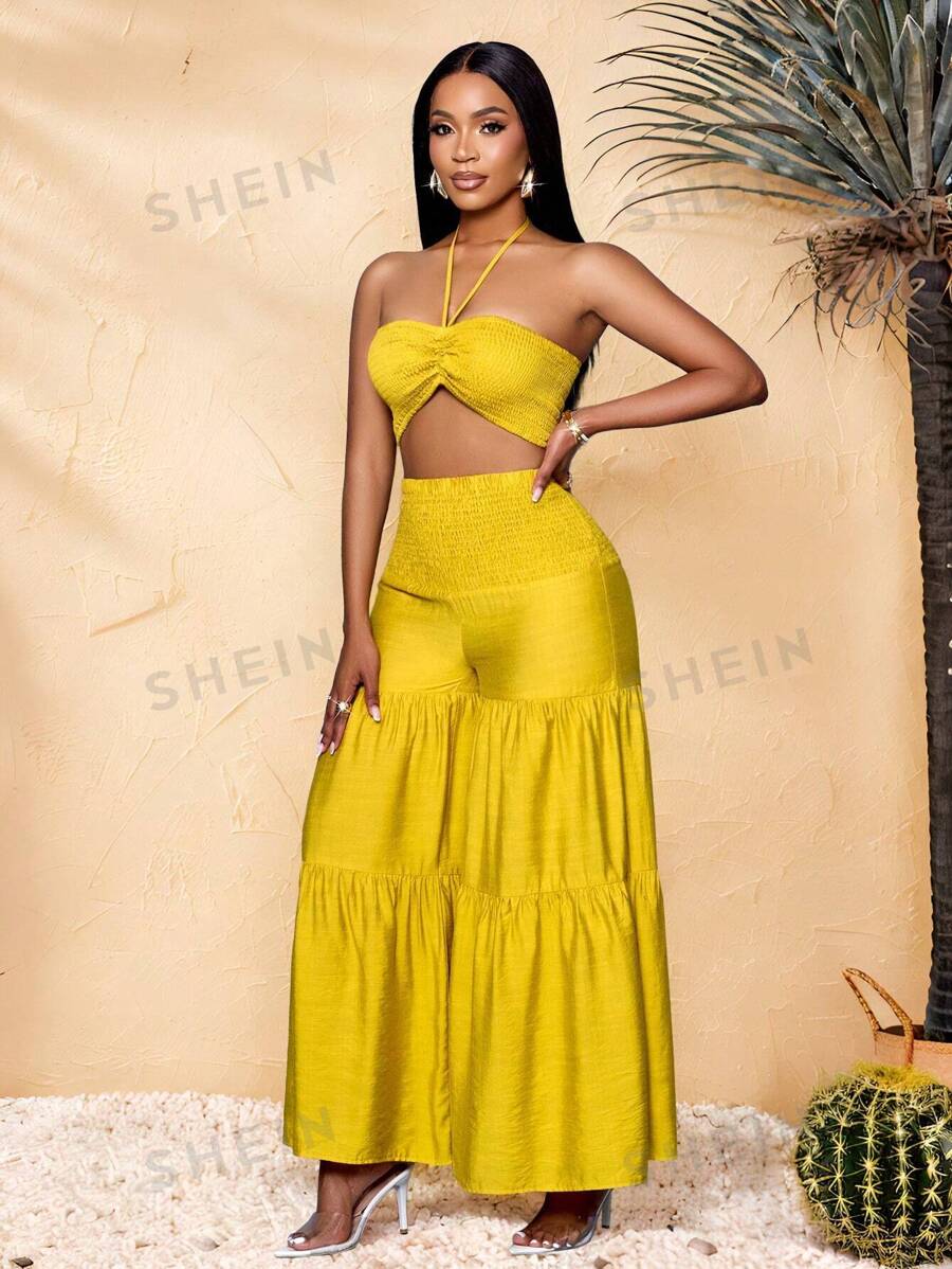 SOLERSUN Conjunto de 2 piezas para mujer de primavera y verano, compuesto por un top tubo sin mangas, cuello halter y lazo, con cintura fruncida, y un pantalón ancho de pierna ancha, roto y con capas, en un estilo informal y de vacaciones