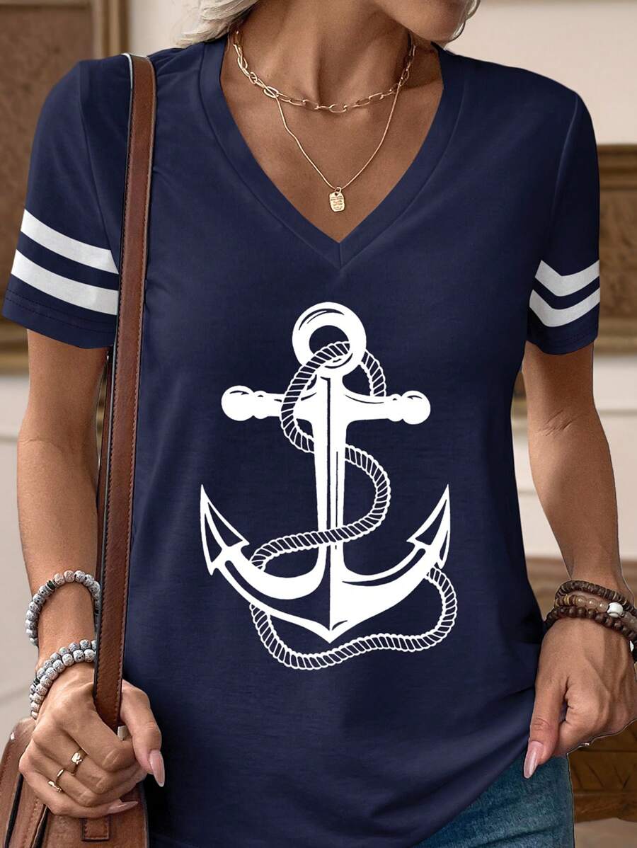 INAWLY White Iron Cone Print Casual V-Neck Short Sleeve T-Shirt For Women, Summer