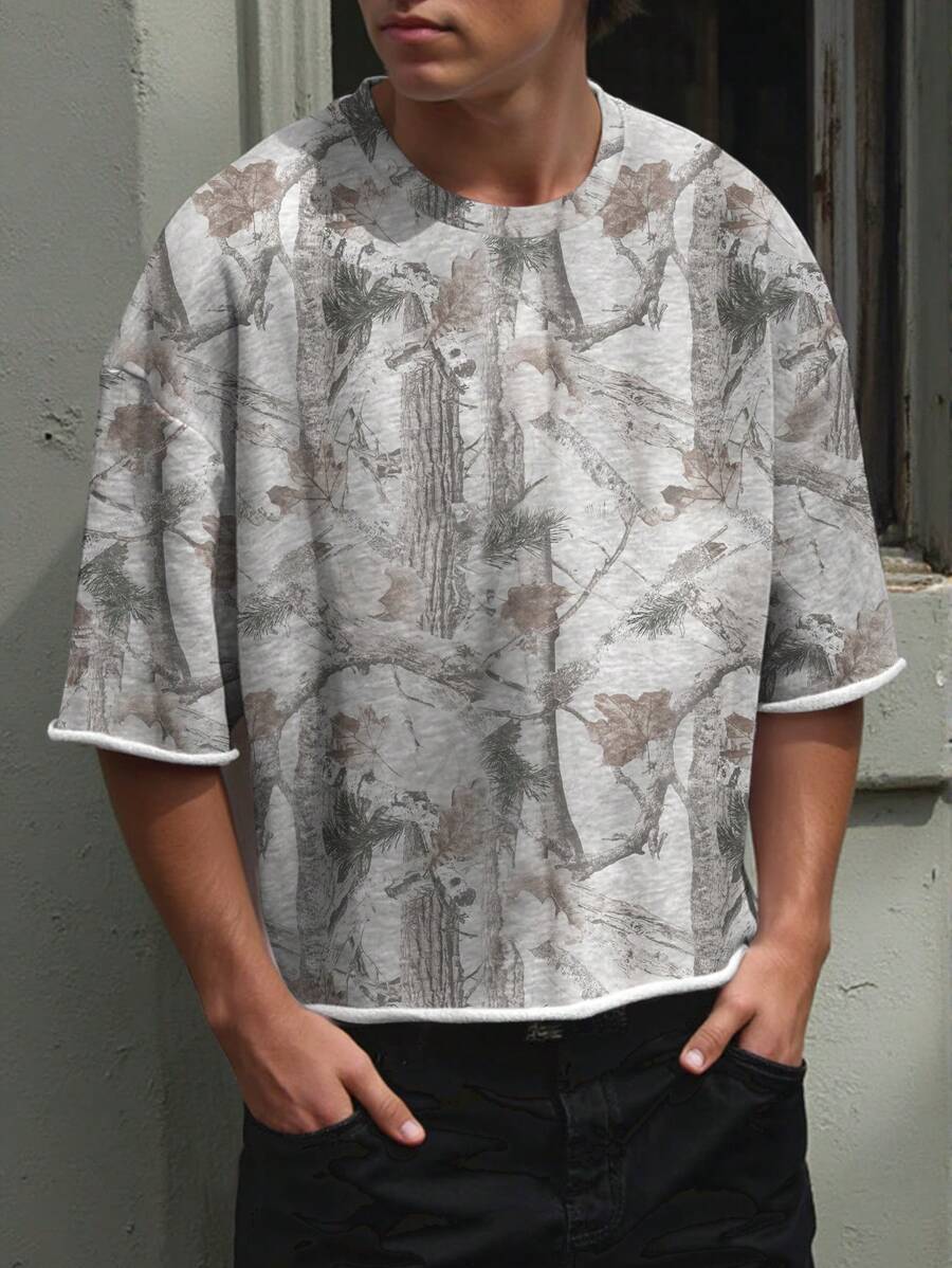 Manfinity Dauomo Camiseta Casual Masculina de Manga Curta Gola Redonda com Estampa de Árvore, Ombros Caídos, Verão