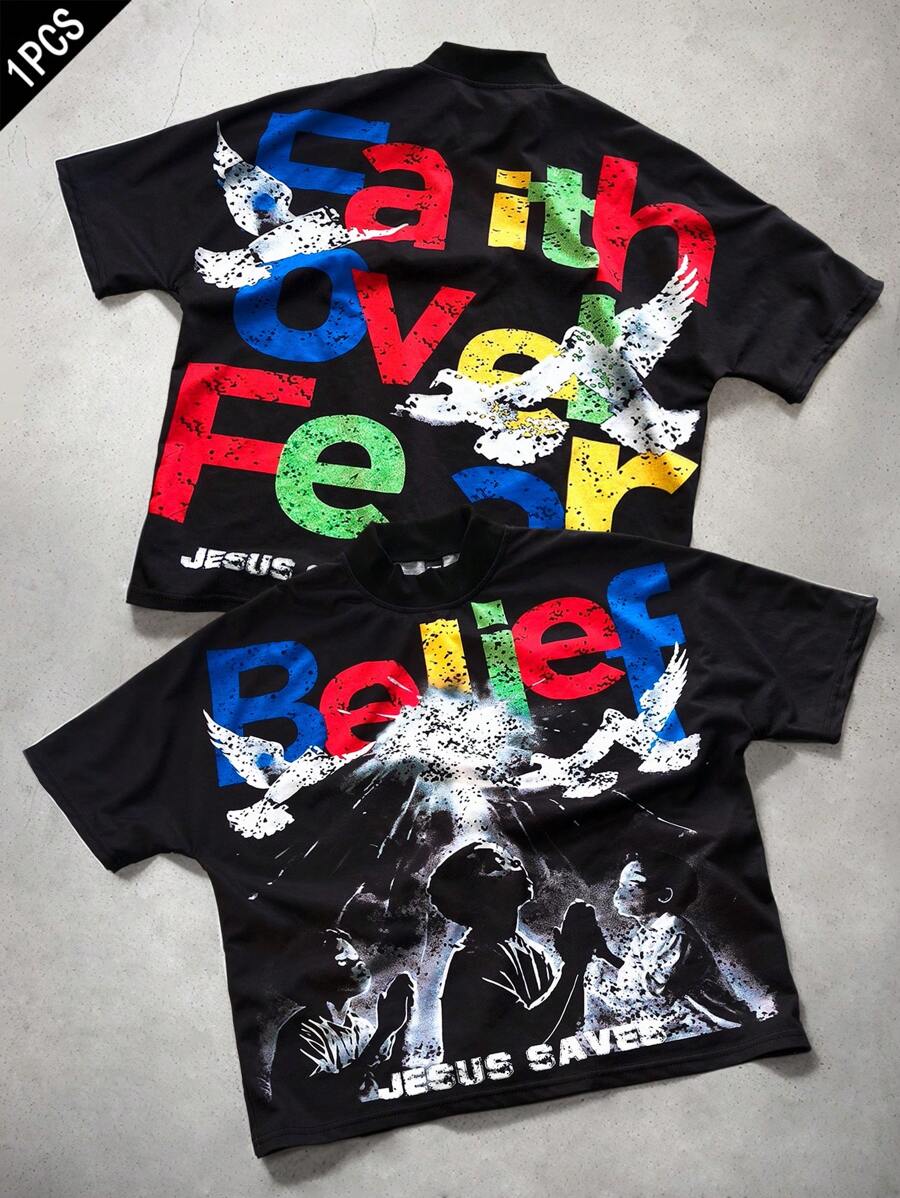 Manfinity Streetrush Men's Youthful Streetwear, Featuring High-Street Orange Micro-Flare Sweatpants With A Creative Camouflage Graffiti Design In Black And Orange, Incorporating Vacation Palm Tree Elements. These Pants Embody A Street Rock Vibe And Are Suitable For Music Festivals And Everyday Wear, Making Them A Fantastic Gift For Boyfriends Or Husbands, Reflecting Street Fashion And Y2K Aesthetics. Men's Black T-Shirt With Faith Graphic & Letter Pattern , Tees Graphic
